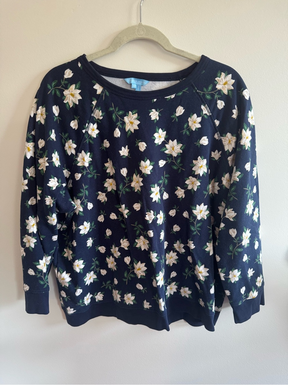 Draper James Navy Floral Crewneck Sweater with White Flowers